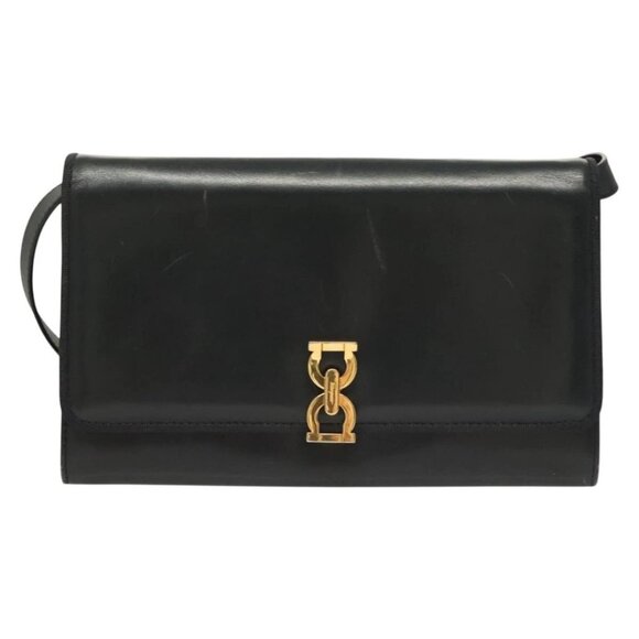 Salvatore Ferragamo Gancini Shoulder Bag Leather Navy Gold Auth 131463 - Picture 12 of 16